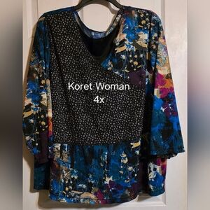 Plus-Size Mixed-Print Blue Long Sleeve Top (4X But Fits 3x Best)